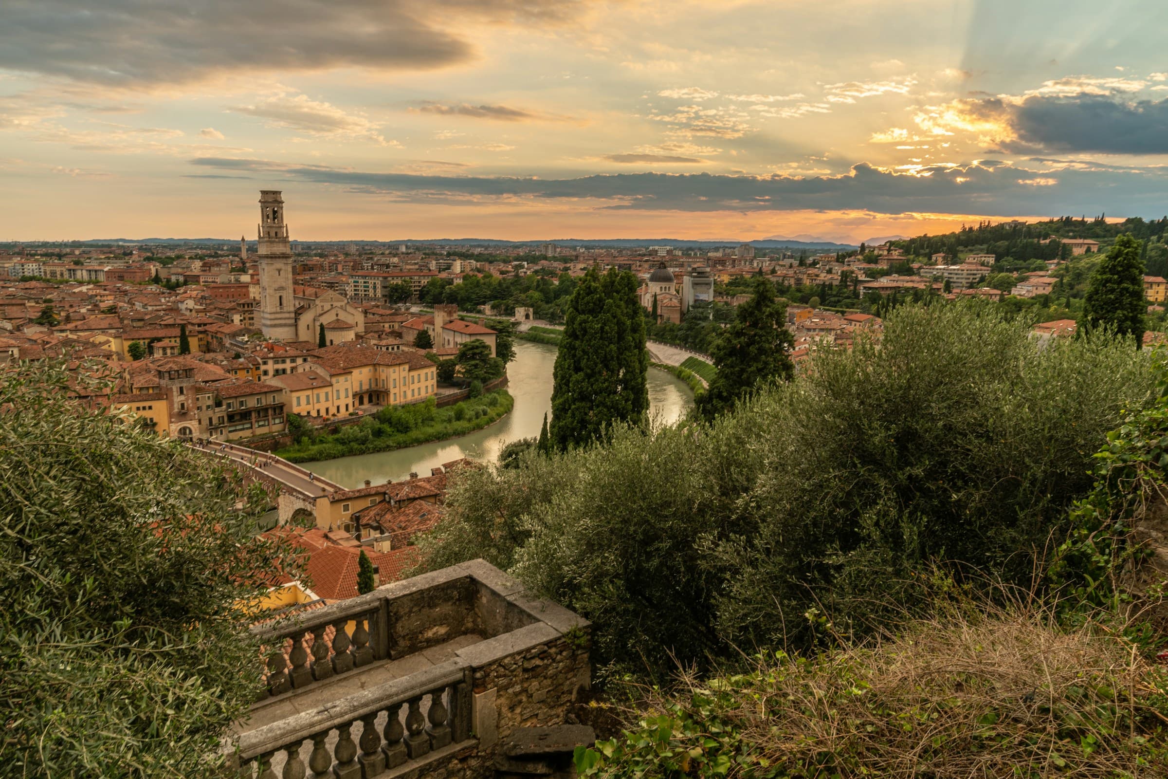 View of Verona from above, with the river Adige and the city rooftops.